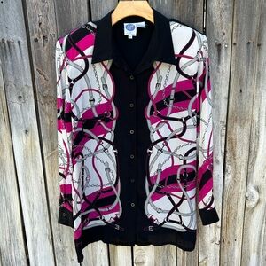 Diane Gilman Vintage 90’s Equestrian Print Silk Blouse Pink Black 2X